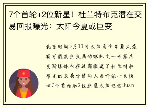 7个首轮+2位新星！杜兰特布克潜在交易回报曝光：太阳今夏或巨变